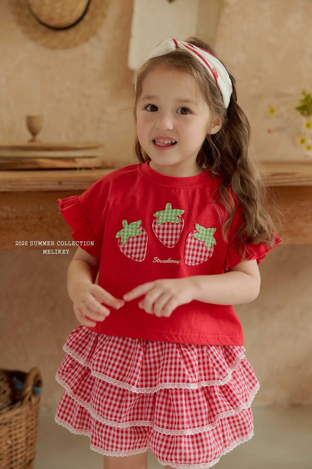 2026 Melikey Summer -格紋草莓荷葉邊TEE 2色 (70-140cm)