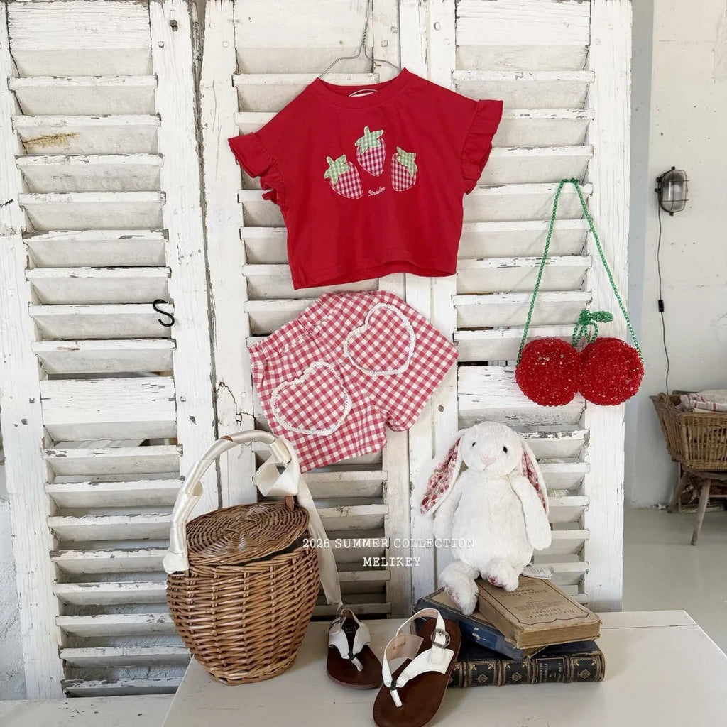 2026 Melikey Summer -格紋草莓荷葉邊TEE 2色 (70-140cm)