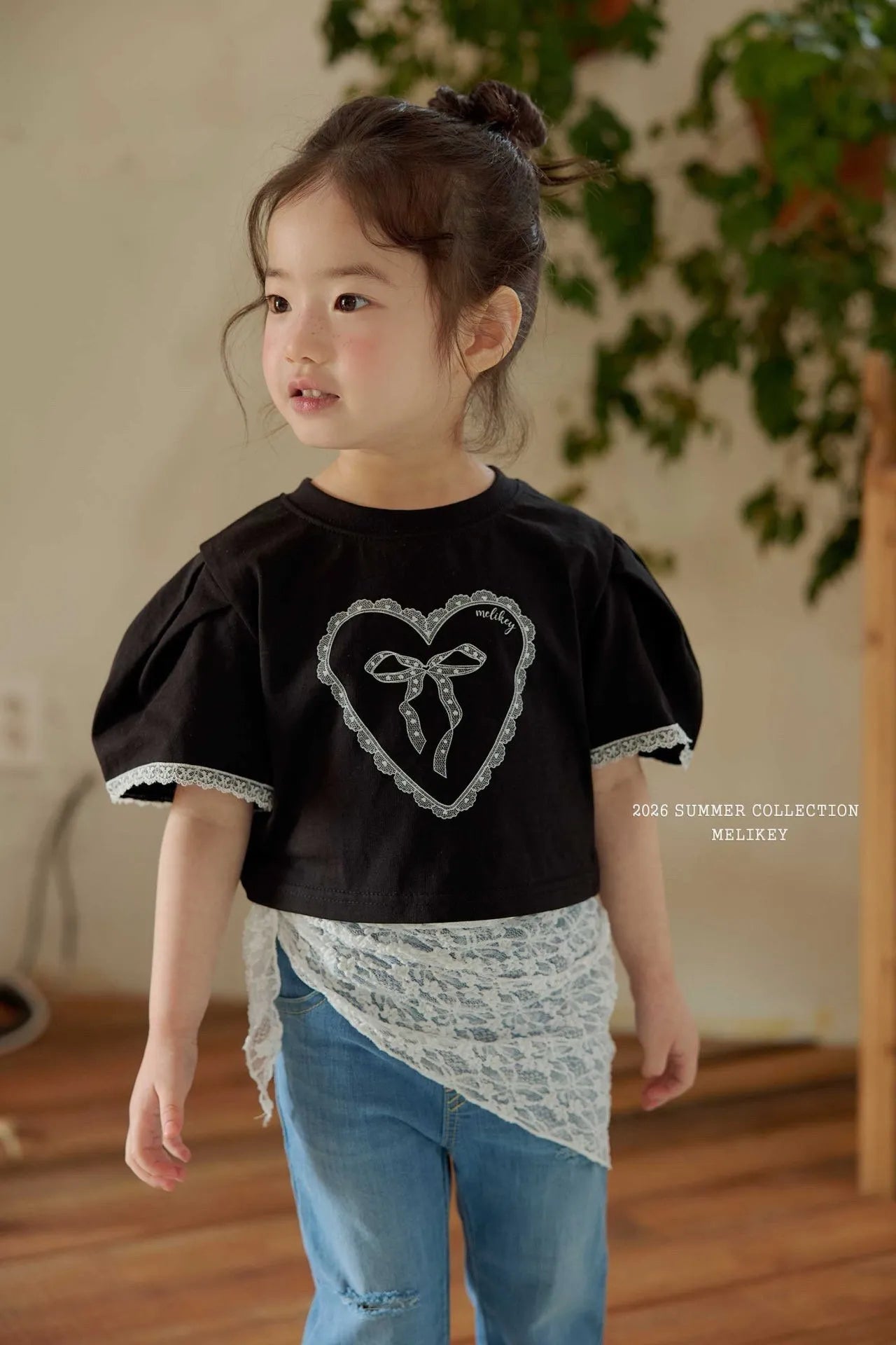 2026 Melikey Summer -蕾絲愛心蝴蝶結蓬袖短TEE 2色 (70-140cm)