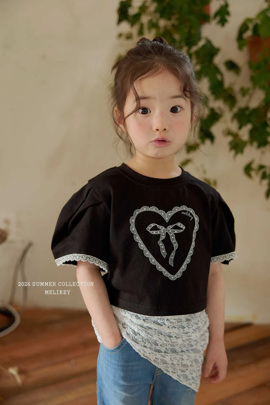 2026 Melikey Summer -蕾絲愛心蝴蝶結蓬袖短TEE 2色 (70-140cm)