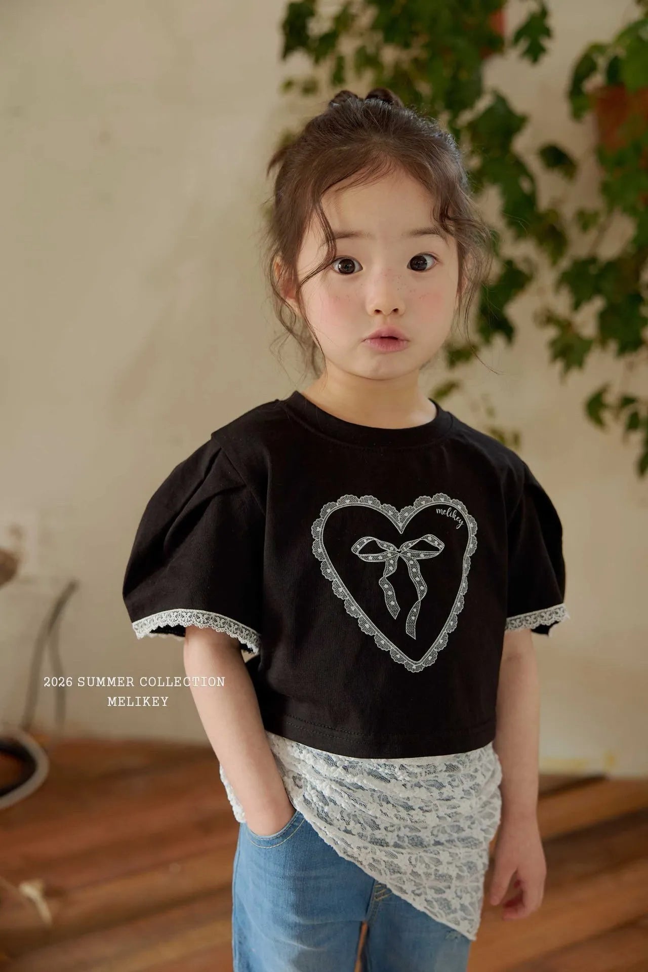 2026 Melikey Summer -蕾絲愛心蝴蝶結蓬袖短TEE 2色 (70-140cm)
