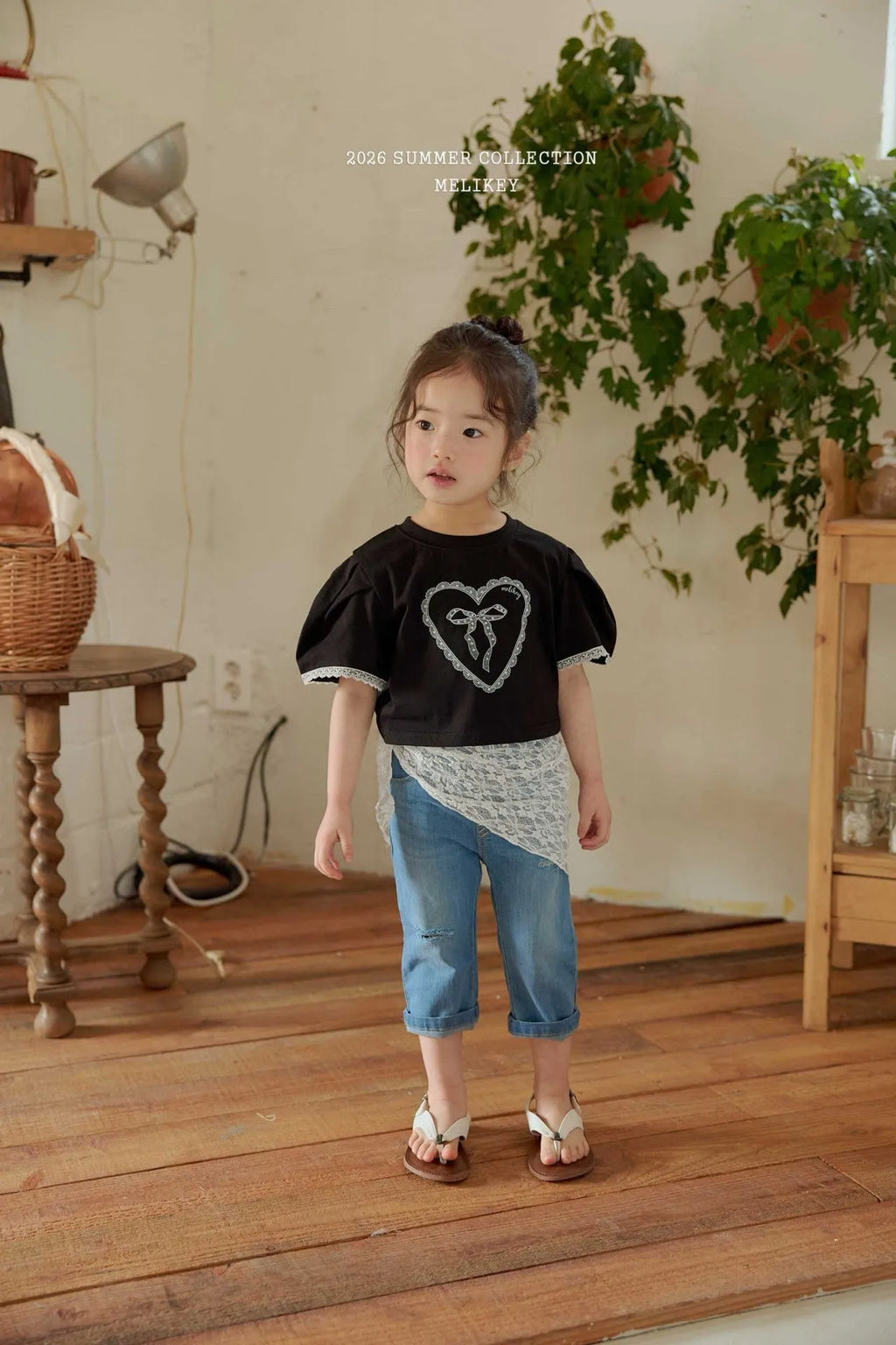 2026 Melikey Summer -蕾絲愛心蝴蝶結蓬袖短TEE 2色 (70-140cm)