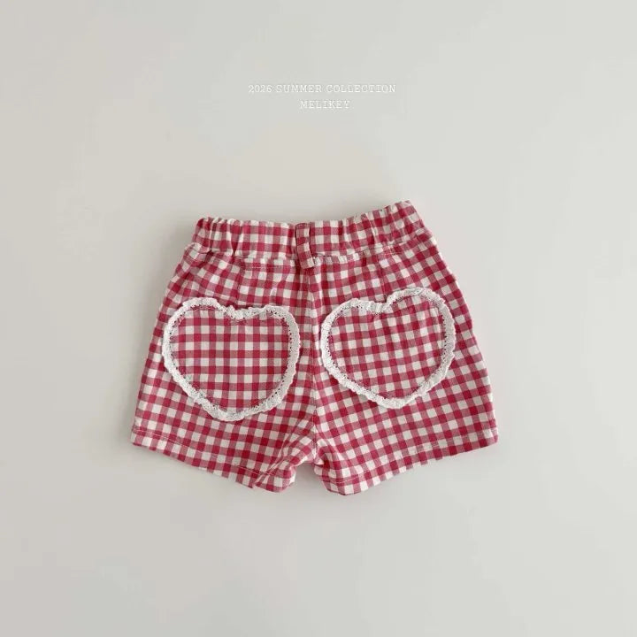 2026 Melikey Summer -蕾絲愛心口袋格紋短褲 2色 (70-140cm)