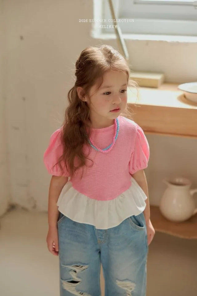 2026 Melikey Summer -Maple拼色荷葉邊蓬袖短TEE 2色 (70-140cm)