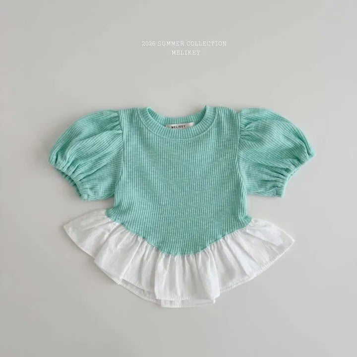 2026 Melikey Summer -Maple拼色荷葉邊蓬袖短TEE 2色 (70-140cm)
