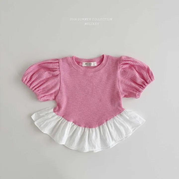 2026 Melikey Summer -Maple拼色荷葉邊蓬袖短TEE 2色 (70-140cm)