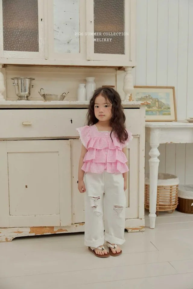2026 Melikey Summer - 格紋蕾絲層次蛋糕上衣 3色 (70-140cm)