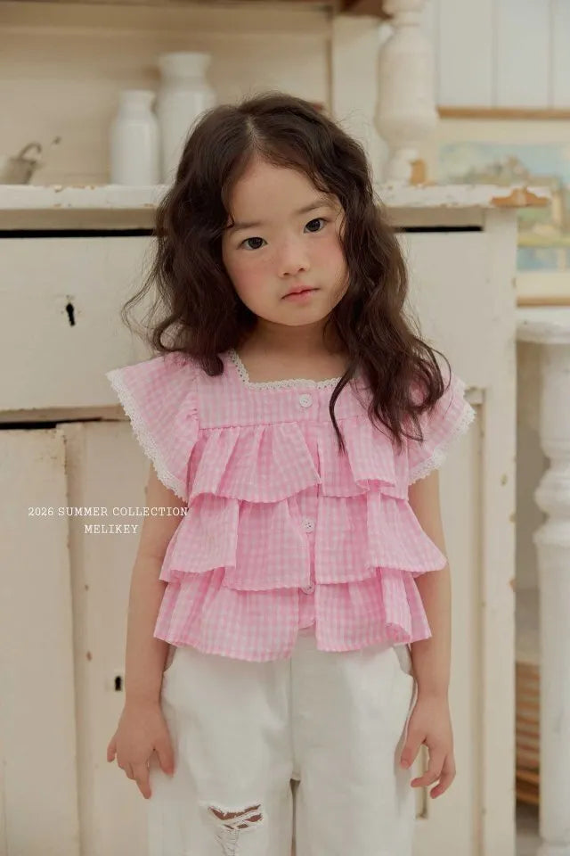 2026 Melikey Summer - 格紋蕾絲層次蛋糕上衣 3色 (70-140cm)