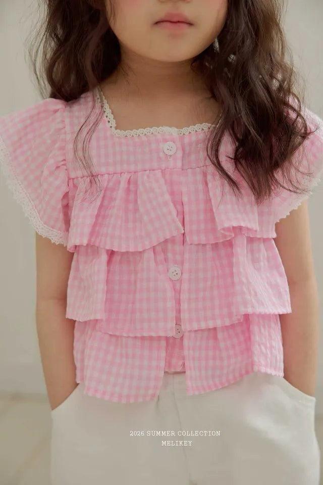 2026 Melikey Summer - 格紋蕾絲層次蛋糕上衣 3色 (70-140cm)